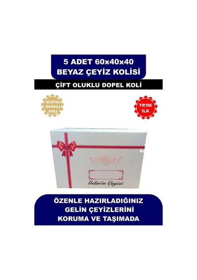 5 Adet 60x40x40 Kurdale Baskılı Beyaz Çeyiz Kolisi, İsim Yazma Alanı Renkli Baskı, Çift Oluklu