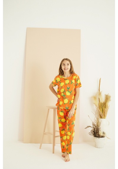 Siyah İnci Pamuklu Bisiklet Yaka Örme Pijama Takım25107130 Turuncu