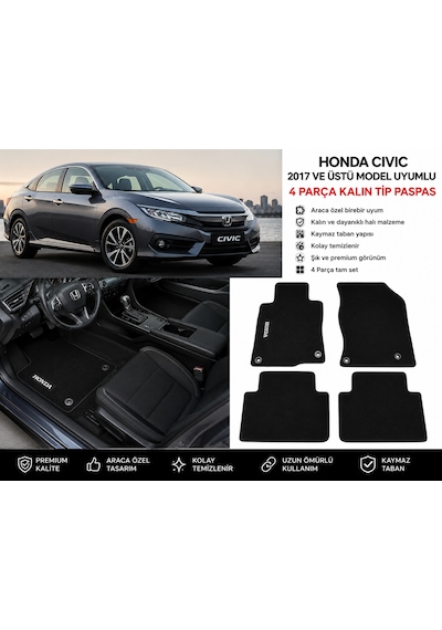 Honda Civic 2017-2022 Fc5 / Fk7 Uyumlu 4 Parça Kalın Tip Siyah Halı Paspas