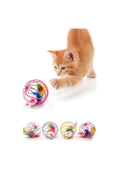 Nm Store Renkli Metal Kafesli Peluş Fareli Kedi Köpek Oyuncağı Oyun Topu 6 Cm