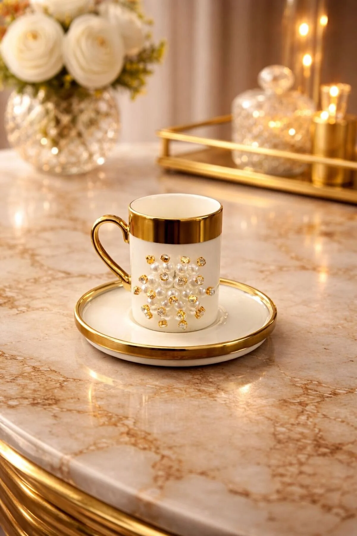 2 Li Gold Yaldızlı Porselen Kahve Fincan Takımı 100ml Beyaz