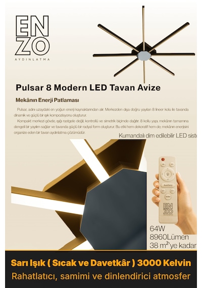 Pulsar Füme Modern Led Tavan Avize - Aşağı Işık Kumandalı Dim Edilebilir Sarı Işık