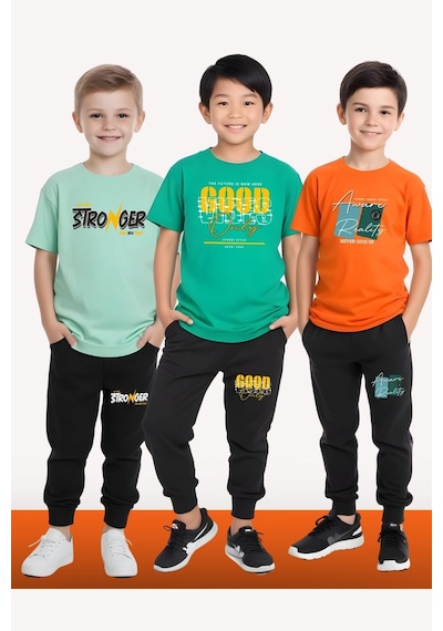 Fyk Kids Erkek Çocuk 3'lü Set The Moon-good Yazı Baskılı Yazlık Alt-üst Takım Mint Yeşil