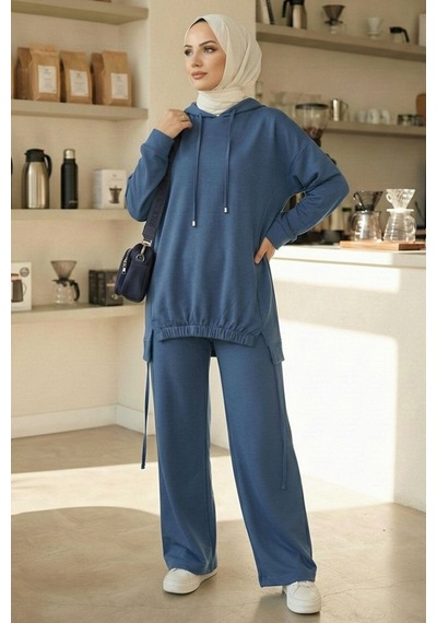 Bestenur Kapüşonlu Tunik Pantolon Takım 1682 - İndigo İndigo