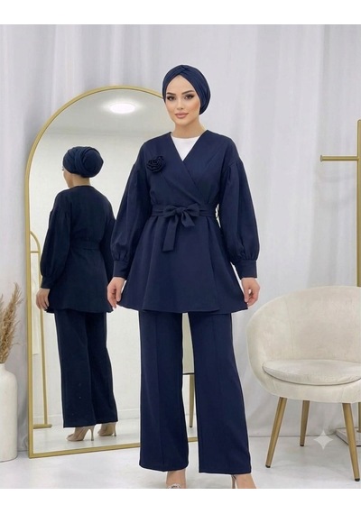 Lovie Moda Gül Detaylı Pantolonlu İkili Takım Mavi