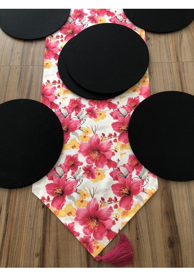 Fuşya Sarı Büyük Çiçek Desenli Runner & Supla Çok Renkli