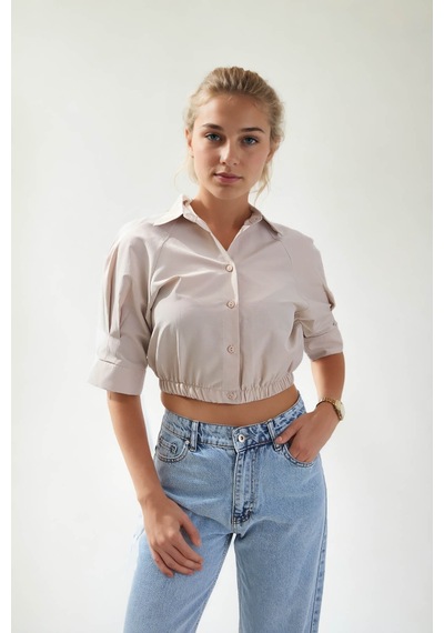 Vitrin Beli Lastikli Crop Gömlek Bej