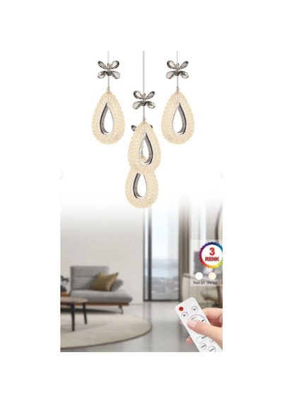 Damla 4 Lü Gümüş 3 Renk Ledli Kumandalı Modern Sarkıt Led Avize