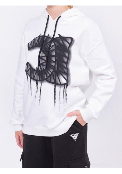 Kız Çocuk Pamuklu Kapüşonlu Baskılı Sweatshirt-13425-beyaz Beyaz