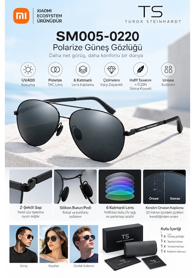 Xiaomi Ts Polarize Güneş Gözlüğü Tac Lens Pilot Aviator Style Uv400 Metal Çerçeve Siyah Unisex Sm005-0220