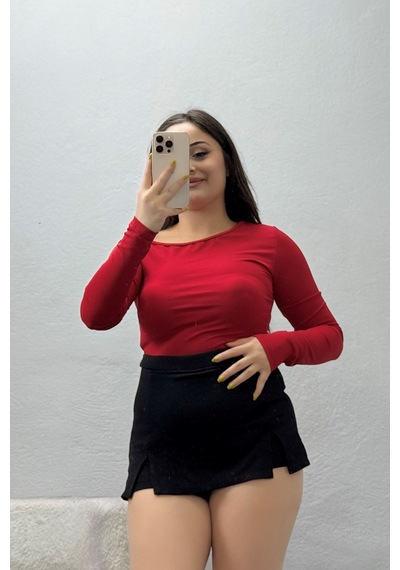 Belendir Kadın Asimetrik Kesim Dalgıç Uzun Kollu Body Kırmızı