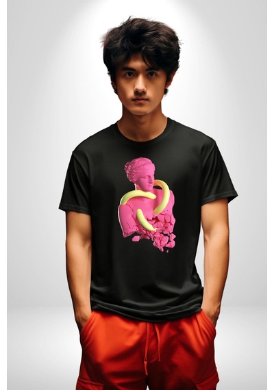 Pop Art Yaratıcı Heykel Pembe Unisex Unisex Siyah Organik Baskılı T-shirt Penye Yüksek Kalite Siyah