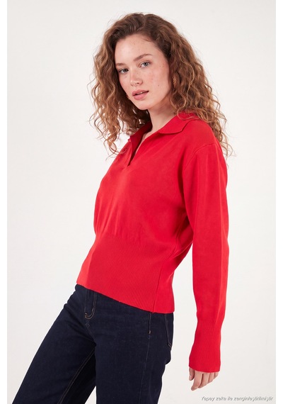 Lela Yumuşak Dokulu Regular Fit Polo Yaka Kazak Kadın Kazak 680kz00163 Kırmızı