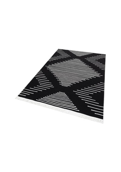 Black Yıkanabilir Çift Taraflı Modern Desenli Dokuma Kilim