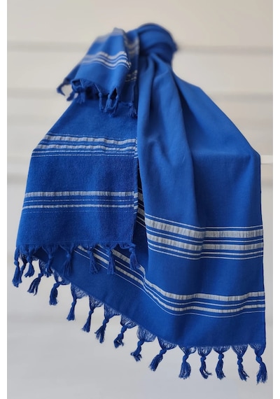 Saks Mavi Çizgili Havlu Peştemal 90x170cm - Plaj Havlusu - %100 Pamuk Saks Mavi