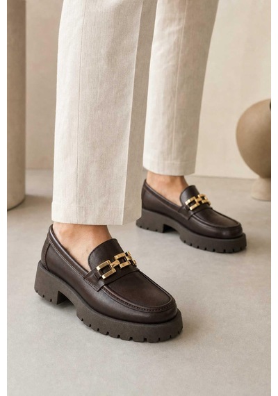 Zinnia Hakiki Deri Kahverengi Kalın Tabanlı Tokalı Kadın Loafer Ayakkabı Kahve