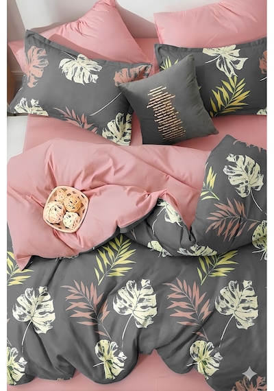 İqon Leaf Lastikli Çarşaflı Çift Kişilik Nevresim Takımı Gri 200 x 220 CM Gri