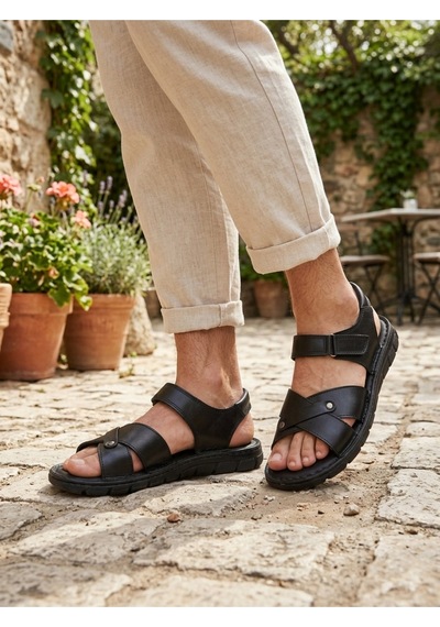Ern Shoes İçi Dışı Hakiki Deri Ortopedik Erkek Terlik Sandalet Bej