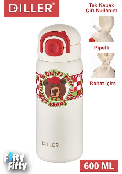 Dıller 600 Ml Tek Kapak Çift Kullanım Pipetli/pipetsiz Taşıma Kulplu Vacum Cup/çelik Termos -ffdıllerd9238 Çok Renkli