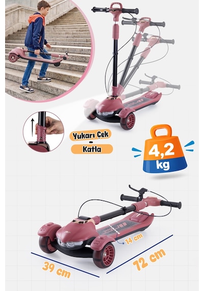 Prego Veyron Bluetoothlu Müzikli Işıklı Çocuk Scooter Katlanabilir - Yükseklik Ayarlı Bordo