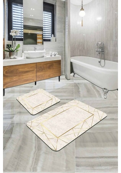 Gold Çerçeveli Desen Banyo Halısı Klozet Paspas Seti Bs341n11