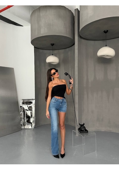 Yüksek Bel Denim Şort Pantolon Mavi