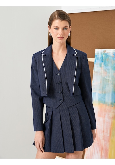 Koton Crop Blazer Ceket Biye Detaylı Lacivert Çizgili 4sak50095uw Lacivert Çizgili Lacivert