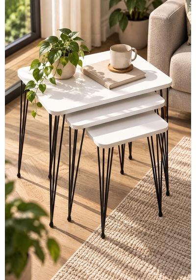 Sulorahome Metal Tel Zigon Sehpa Takımı Beyaz 3'lü