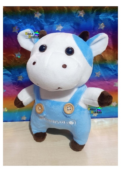 Sevimli Peluş İnek Oyuncak Yavru İnek 18 Cm Bebek Uyku Arkadaşı Oyun Arkadaşım Beyaz - mavi