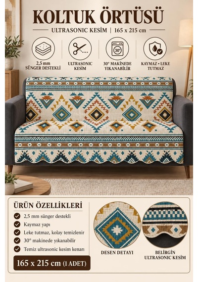 Çok Amaçlı Kadife Koltuk Örtüsü Kaymaz Süngerli 165x215 Cm Modern Bohem Çekyat Şalı Piknik Masa Örtüsü Alk17 Bej