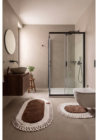 Banyo Paspası Takımı 60x100+40x60 Cm Dış Trikot Mouss Kahve & Krem