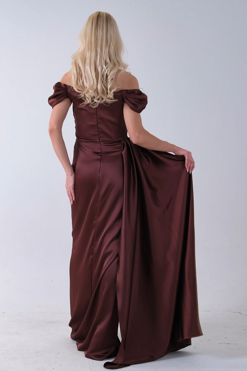 Feminist Kahve Drape Detaylı Saten Kumaş Abiye Elbise 9704858.05 Kahve