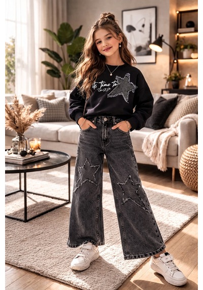 Uğur Bebe Kız Çocuk Yıldız Aplikeli Sweatshirt Jean Pantolon Takım Yıldız Detaylı Wide Leg Pantolonlu Kombin Siyah Siyah Uğur Bebe Kız Çocuk Yıldız Aplikeli Sweatshirt Jean Pantolon Takım Yıldız Detaylı Wide Leg Pantolonlu Kombin Siyah Siyah
