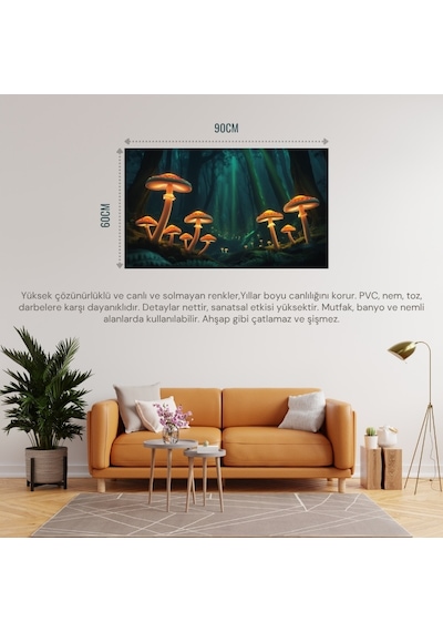 Doğa Ve Manzara Yatay Parlayan Mantarlar Ve Büyülü Işık Huzmeleri Mistik Orman 01 Çerçevesiz 90x60cm Pvc Tablo