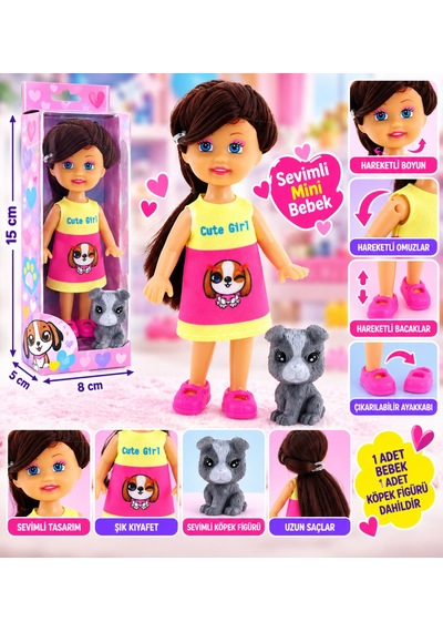 Cute Girl Gri Köpekli Ve Kumral Mini Bebek Nhr