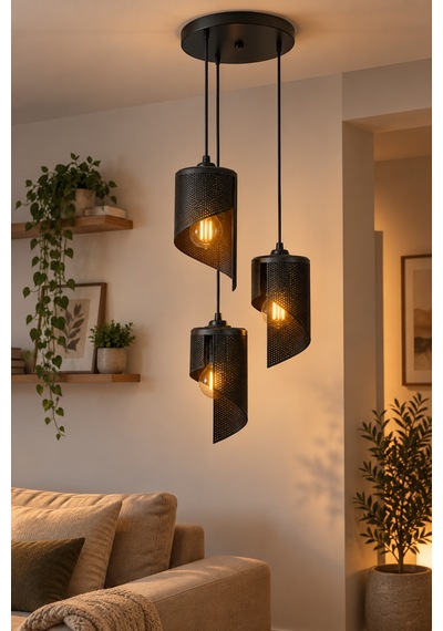 3'lü Spiral Sarkıt Avize Modern Dekoratif Salon Yemek Masası 3 Rustik Led Ampul Hediyeli Siyah