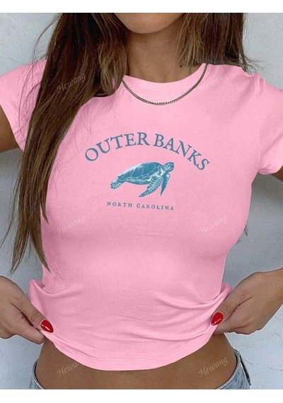 Flood Of Style Kadın Pembe Outher Bank Bayrak Baskılı Bisiklet Yaka Dar Crop