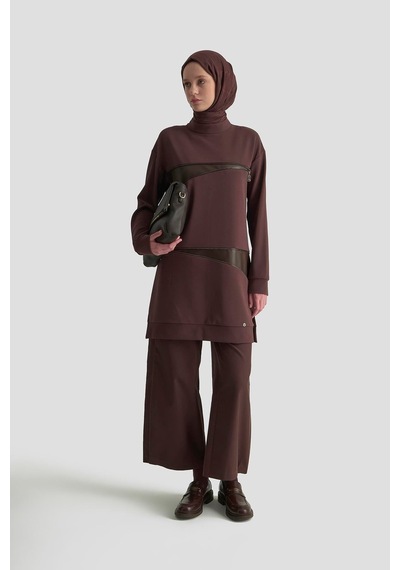 Armine Trend Deri Ve Fermuar Detaylı Fitilli Tunik Kakao 25kt452 Kakao