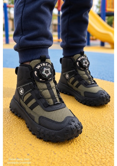 Muggo Torky Bağcık Ayar Mekanizmalı Kalın Taban Unisex Çocuk Günlük Outdoor Trekking Bot Haki