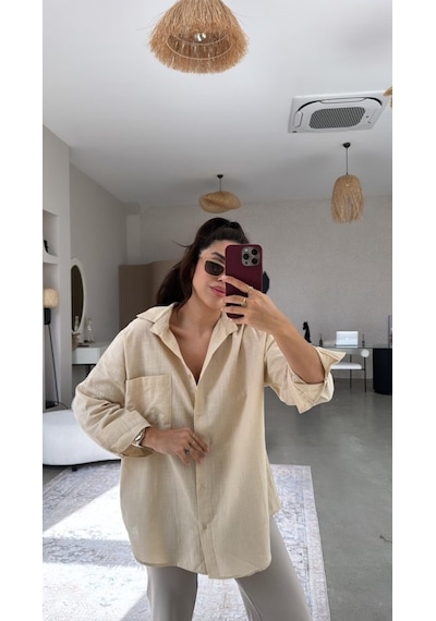 Etiler Collection Kadın Tek Cepli Over Size Ketem Gömlek Vizon