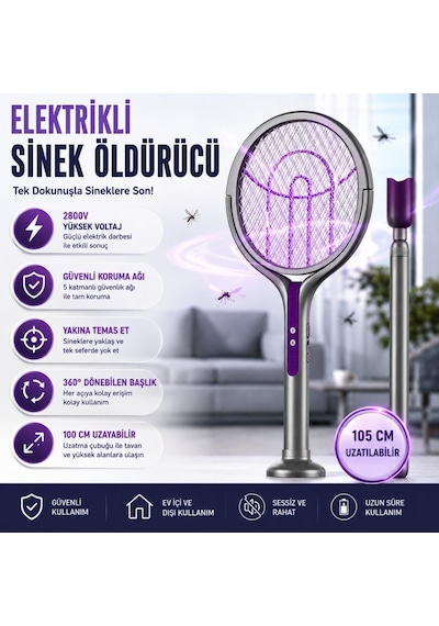 Coofbe 2800w Şarjlı Elektriki Sivrisinek Öldürücü Raket Sineksavar 5 Katmanlı Uv Işıklı Teleskopic Sinek Raketi