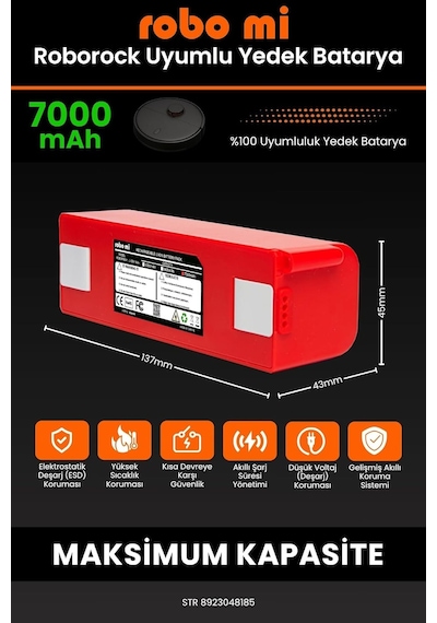Robo Mi Robot Süpürge Bataryası, Roborock S7 İle Uyumlu 7000mah, Yedek Pil, Kırmızı Tek Renk