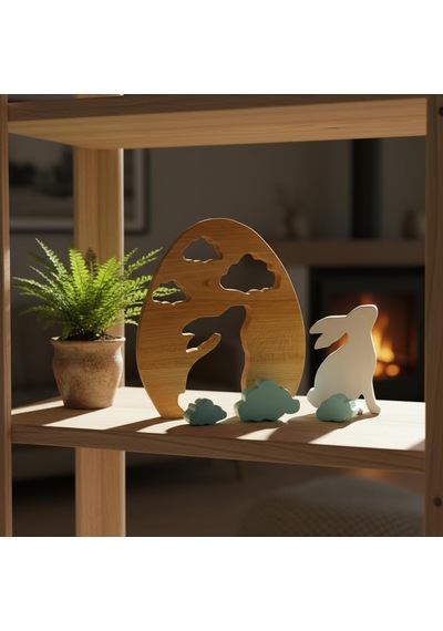Simdale Wood Ahşap Tavşan Ve Mavi Bulutlar - Montessori Bebek Odası Raf Dekoru & Oyuncak