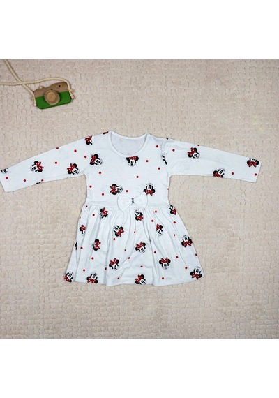 Momikon Minnie Mouse Baskılı Uzun Kollu Pamuklu Kız Çocuk Elbise Beyaz