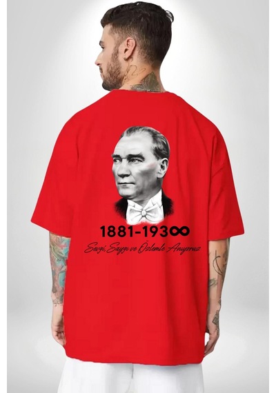 Atatürk 10 Kasım Anma Kırmızı Oversize Unisex Ön Ve Sırt Baskılı Tişört Kırmızı