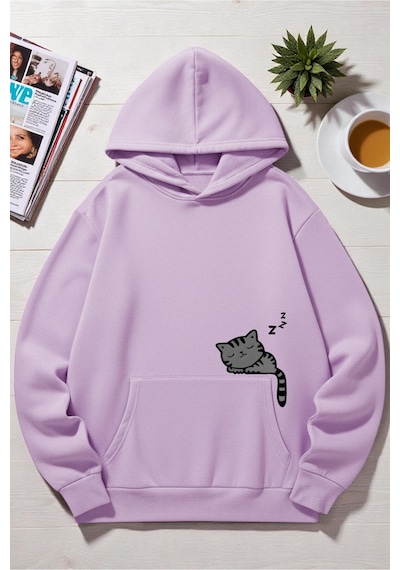 Uyguntarz Unisex Uyuyan Kedi Baskılı Kapüşonlu Sweatshirt Lila