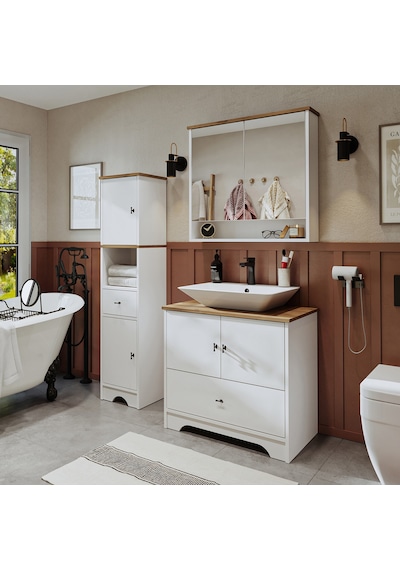 Lavabolu Mdf 80Cm Çekmeceli Banyo Dlp + Aynalı Üst Dlp + Boy Dlp Beyaz - Atlantik Çam