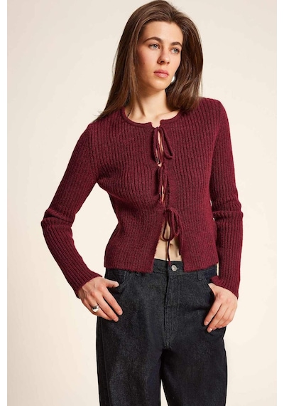 DeFacto Regular Fit Bisiklet Yaka Bağlamalı Basic Düz Triko Bordo Hırka E6914AX25SPBR188 Bordo
