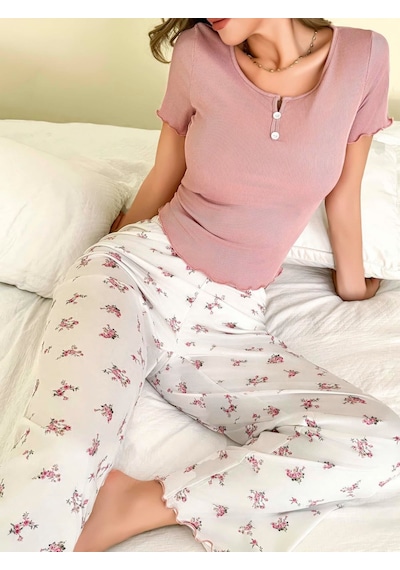 Bezos Kadın Çiçekli Desen Yumuşak Pamuklu Uzun Pijama Takımı 5131 ekru