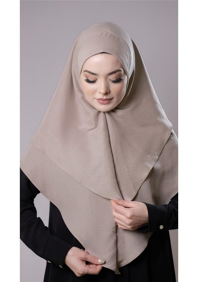 Hürrem Bone Bej Pratik Hazır Geçmeli Tesettür Eşarp Pamuk Caz Kumaş Çift Katlı Düz Hijab 2303 12